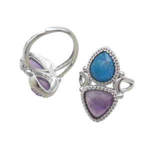 Copper Ring Pave Amethyst Apatite Adjustable Platinum Plated, approx 8-10mm, 10mm, 18mm dia [GM20245]