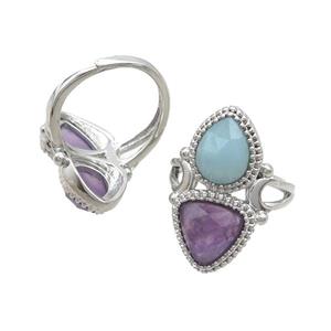 Copper Ring Pave Amethyst Amazonite Adjustable Platinum Plated, approx 8-10mm, 10mm, 18mm dia [GM20248]
