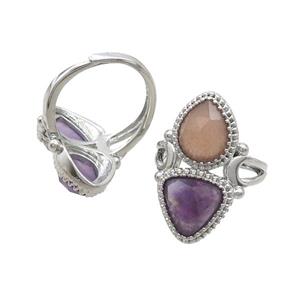 Copper Ring Pave Amethyst Sunstone Adjustable Platinum Plated, approx 8-10mm, 10mm, 18mm dia [GM20249]