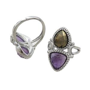 Copper Ring Pave Amethyst Pyrite Adjustable Platinum Plated, approx 8-10mm, 10mm, 18mm dia [GM20250]