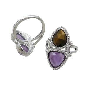 Copper Ring Pave Amethyst Tiger Eye Stone Adjustable Platinum Plated, approx 8-10mm, 10mm, 18mm dia [GM20251]