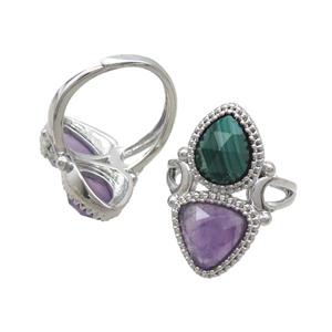 Copper Ring Pave Amethyst Malachite Adjustable Platinum Plated, approx 8-10mm, 10mm, 18mm dia [GM20252]