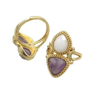 Copper Ring Pave Amethyst Moonstone Adjustable Gold Plated, approx 8-10mm, 10mm, 18mm dia [GM20253]