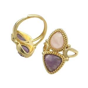 Copper Ring Pave Amethyst Rose Quartz Adjustable Gold Plated, approx 8-10mm, 10mm, 18mm dia [GM20254]