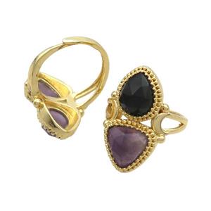 Copper Ring Pave Amethyst Onyx Agate Adjustable Gold Plated, approx 8-10mm, 10mm, 18mm dia [GM20256]