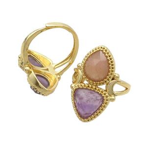 Copper Ring Pave Amethyst Peach Sunstone Adjustable Gold Plated, approx 8-10mm, 10mm, 18mm dia [GM20261]
