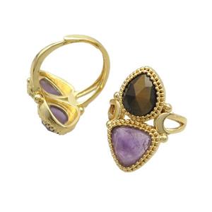 Copper Ring Pave Amethyst Tiger Eye Stone Adjustable Gold Plated, approx 8-10mm, 10mm, 18mm dia [GM20265]