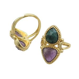 Copper Ring Pave Amethyst Malachite Adjustable Gold Plated, approx 8-10mm, 10mm, 18mm dia [GM20266]