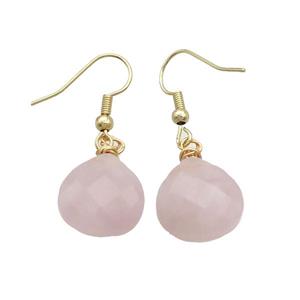 Pink Rose Quartz Copper Hook Earrings Teardrop Gold Plated, approx 15mm [GM20267]