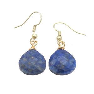 Natural Blue Lapis Lazuli Copper Hook Earrings Teardrop Gold Plated, approx 15mm [GM20271]