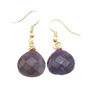 Natural Purple Amethyst Copper Hook Earrings Teardrop Gold Plated, approx 15mm [GM20273]