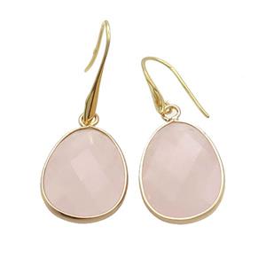 Pink Rose Quartz Copper Hook Earrings Teardrop Gold Plated, approx 17-23mm [GM20274]