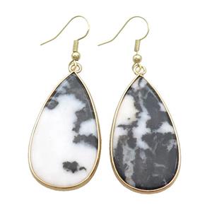 Black White Zebra Jasper Copper Hook Earrings Teardrop Gold Plated, approx 20-40mm [GM20283]