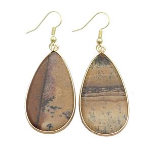 Picture Jasper Copper Hook Earrings Teardrop Gold Plated, approx 20-40mm [GM20285]