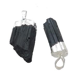 Natural Black Tourmaline Pendant Freeform Shiny Silver, approx 12-25mm [GM20291]