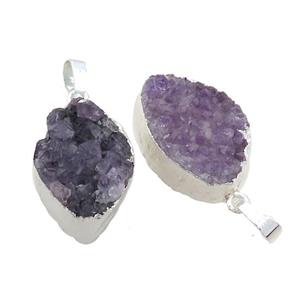 Amethyst Druzy Cluster Pendant Freeform Shiny Silver, approx 15-22mm [GM20294]