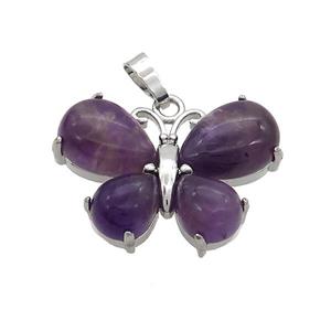 Natural Purple Amethyst Butterfly Pendant Platinum Plated, approx 20-30mm [GM20316]