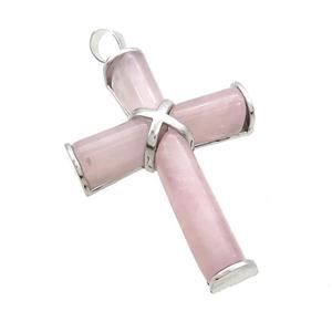 Natural Pink Rose Quartz Cross Pendant Platinum Plated, approx 30-45mm [GM20320]