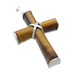 Natural Tiger Eye Stone Cross Pendant Platinum Plated, approx 30-45mm [GM20332]