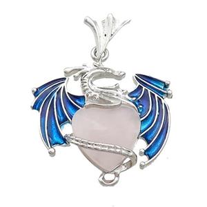 Alloy Dragon Pendant Pave Rose Quartz Heart Blue Enamel Platinum Plated, approx 15mm, 25-30mm [GM20445]