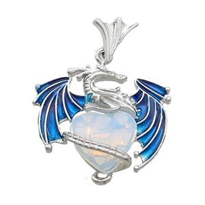 Alloy Dragon Pendant Pave White Opalite Heart Blue Enamel Platinum Plated, approx 15mm, 25-30mm [GM20446]