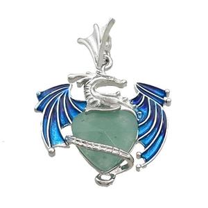 Alloy Dragon Pendant Pave Green Aventurine Heart Blue Enamel Platinum Plated, approx 15mm, 25-30mm [GM20447]