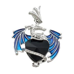 Alloy Dragon Pendant Pave Black Onyx Heart Blue Enamel Platinum Plated, approx 15mm, 25-30mm [GM20448]