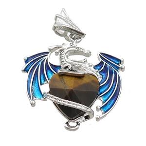 Alloy Dragon Pendant Pave Tiger Eye Stone Heart Blue Enamel Platinum Plated, approx 15mm, 25-30mm [GM20451]