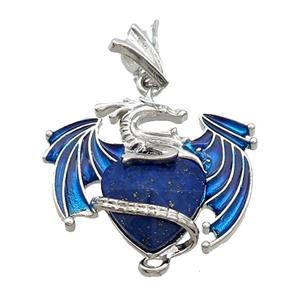 Alloy Dragon Pendant Pave Blue Lapis Lazuli Heart Blue Enamel Platinum Plated, approx 15mm, 25-30mm [GM20452]