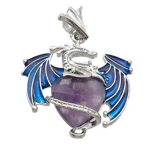 Alloy Dragon Pendant Pave Purple Amethyst Heart Blue Enamel Platinum Plated, approx 15mm, 25-30mm [GM20453]