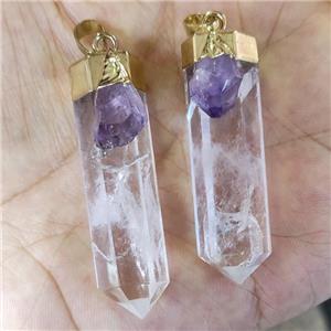 Natural Clear Quartz Bullet Pendant With Amethyst Gold Plated, approx 15-45mm [GM20505]