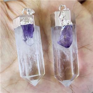 Natural Clear Quartz Bullet Pendant With Amethyst Silver Plated, approx 15-45mm [GM20507]