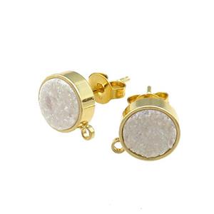 White Druzy Quartz Stud Earrings Gold Plated, approx 8mm [GM20508]