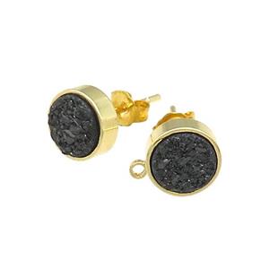 Black Druzy Quartz Stud Earrings Gold Plated, approx 8mm [GM20510]