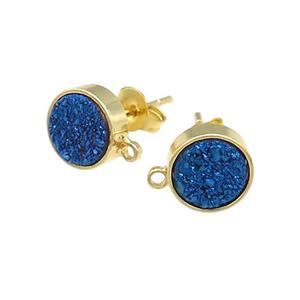 Blue Druzy Quartz Stud Earrings Gold Plated, approx 8mm [GM20511]