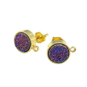 Rainbow Druzy Quartz Stud Earrings Gold Plated, approx 8mm [GM20512]