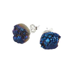 Blue Druzy Quartz Stud Earrings Platinum Plated, approx 8mm [GM20517]