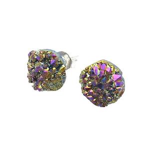 Rainbow Druzy Quartz Stud Earrings Platinum Plated, approx 8mm [GM20518]