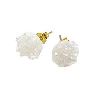 White AB-Color Druzy Quartz Stud Earrings Gold Plated, approx 8mm [GM20519]
