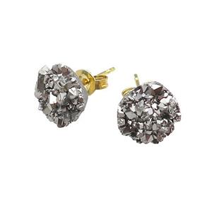 Silver Druzy Quartz Stud Earrings Gold Plated, approx 8mm [GM20520]