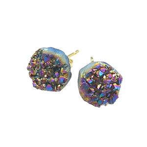 Rainbow Druzy Quartz Stud Earrings Gold Plated, approx 8mm [GM20522]
