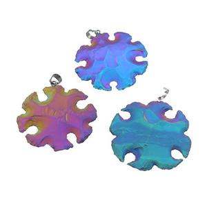Natural Rock Agate Pendant Hot Wheels Snowflake Hammered Multicolor Electroplated, approx 40-45mm [GM20562]
