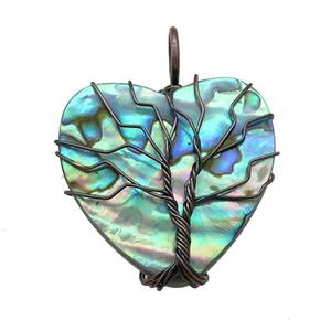Abalone Shell Heart Pendant Tree Of Life Copper Wire Wrapped Black Plated, approx 30mm [GM20803]
