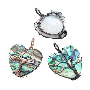Abalone Shell Heart Pendant Tree Of Life Copper Wire Wrapped Mixed, approx 30mm [GM20804]