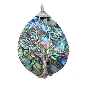 Abalone Shell Teardrop Pendant Tree Of Life Copper Wire Wrapped Plaitnum, approx 30-40mm [GM20805]