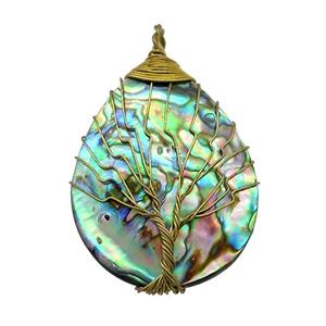 Abalone Shell Teardrop Pendant Tree Of Life Raw Brass Wire Wrapped, approx 30-40mm [GM20806]