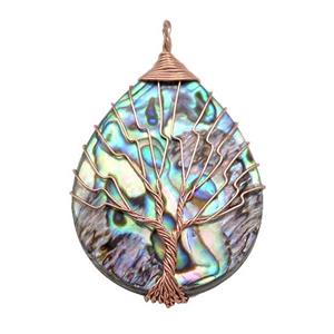 Abalone Shell Teardrop Pendant Tree Of Life Copper Wire Wrapped Rose Gold, approx 30-40mm [GM20807]