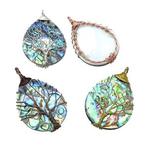 Abalone Shell Teardrop Pendant Tree Of Life Copper Wire Wrapped Mixed, approx 30-40mm [GM20809]