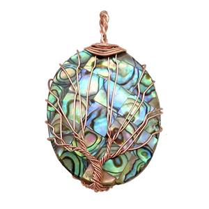 Abalone Shell Oval Pendant Tree Of Life Copper Wire Wrapped Rose Gold, approx 30-40mm [GM20812]
