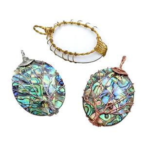 Abalone Shell Oval Pendant Tree Of Life Copper Wire Wrapped Mixed, approx 30-40mm [GM20813]